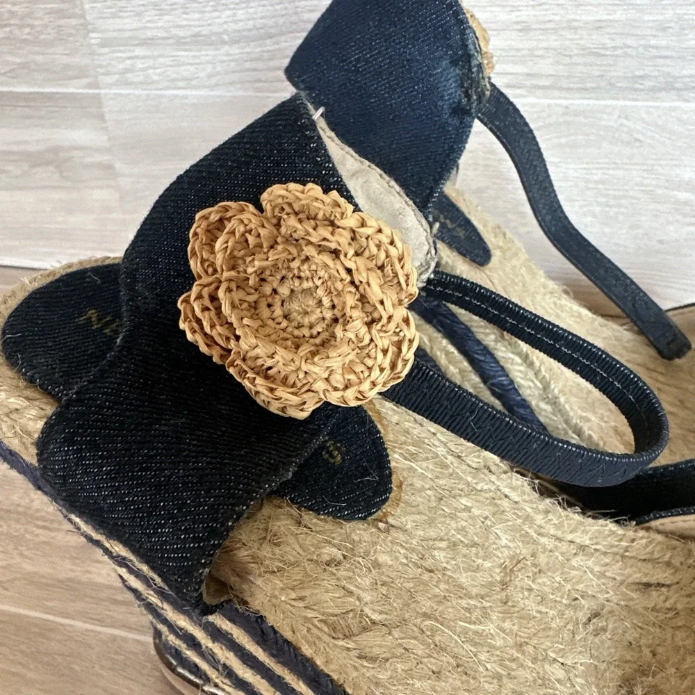 Newport News Espadrille Wedge Heels Crochet Flower Flirty Striped /New With Flaw
